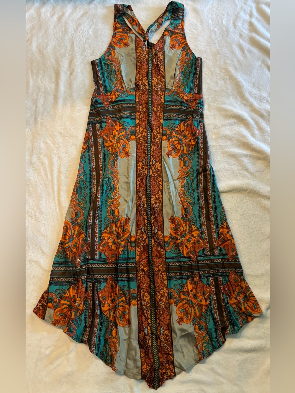Sundance Teal and Rust Paisley Asymmetrical Maxi Dress
